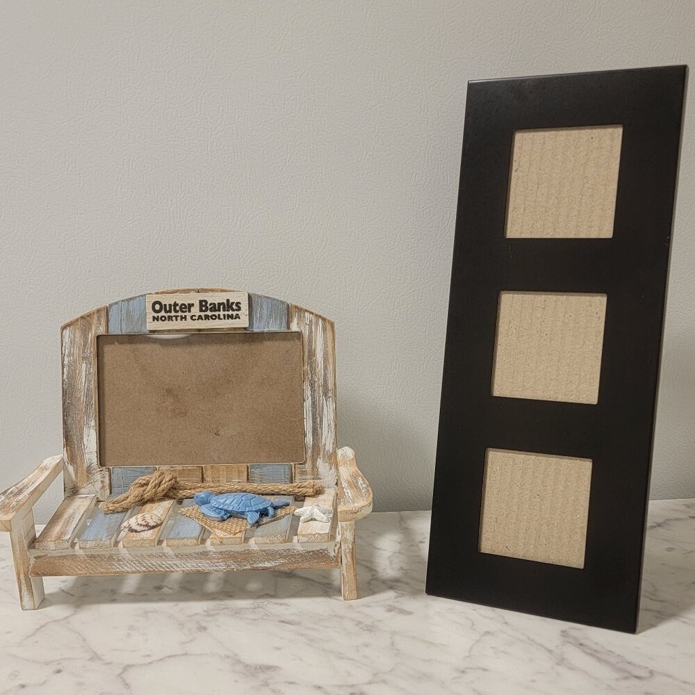 2 Picture Frames - Outer Banks North Carolina Beach Chair & 3 Pic Black Frame.